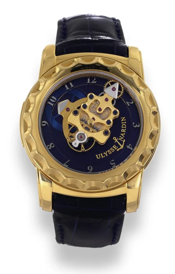 Yellow Gold Freak Ulysse Nardin, Le Locle, "The Freak", Ref 016-88. Sold on October 28th, 2008. Very fine and unusual, 18K pink gold wristwatch with 60-minute revolving movement, Ludwig Oechslin's dual direct escapement, seven-day power reserve and a Ulysse Nardin 18K pink gold deployant clasp. Accompanied by the original box and certificate.
