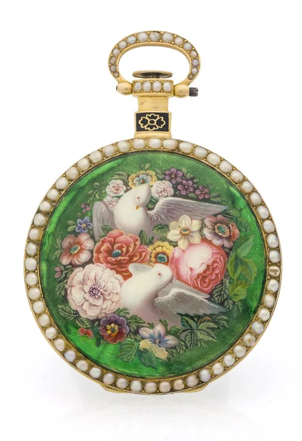 SUMMER FLOWERS "Summer Flowers" Just & Son, London, No. 3894. Probably made by Bovet, Fleurier, for the Chinese market, circa 1840. Fine, gold and painted on enamel pocket watch with center seconds.
