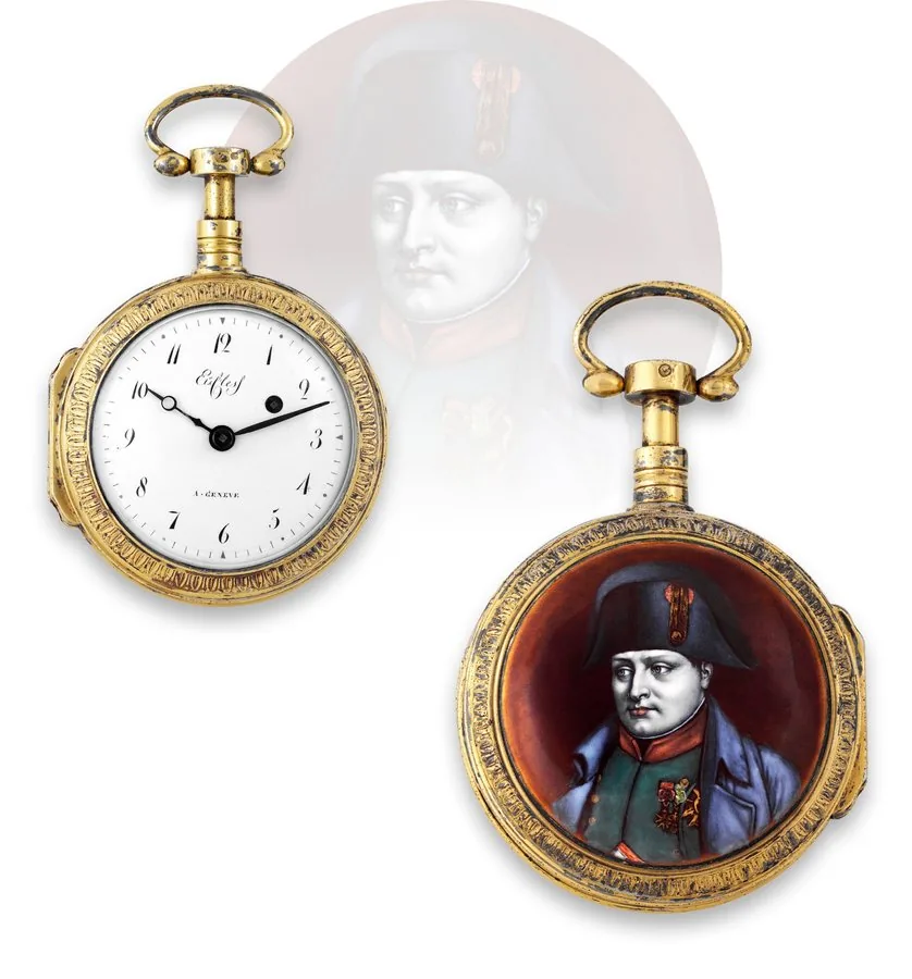 Etienne Cless ' Quarter Repeating Coach Watch ' Portrait of Napoleon I Etienne Cless à Geneve. Made circa 1810. Very fine and rare, quarter-repeating, silver-gilt small coach watch with a very fine Limoges enamel portrait of Napoleon I.