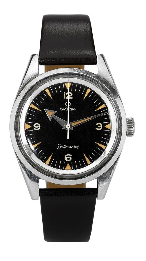 Railmaster Omega,No. 16630410, Ref. 2914-3 SC.Made in the late 1950's. Fine and very rare, anti-magnetic, center seconds, water-resistant, stainless steel wristwatch.
