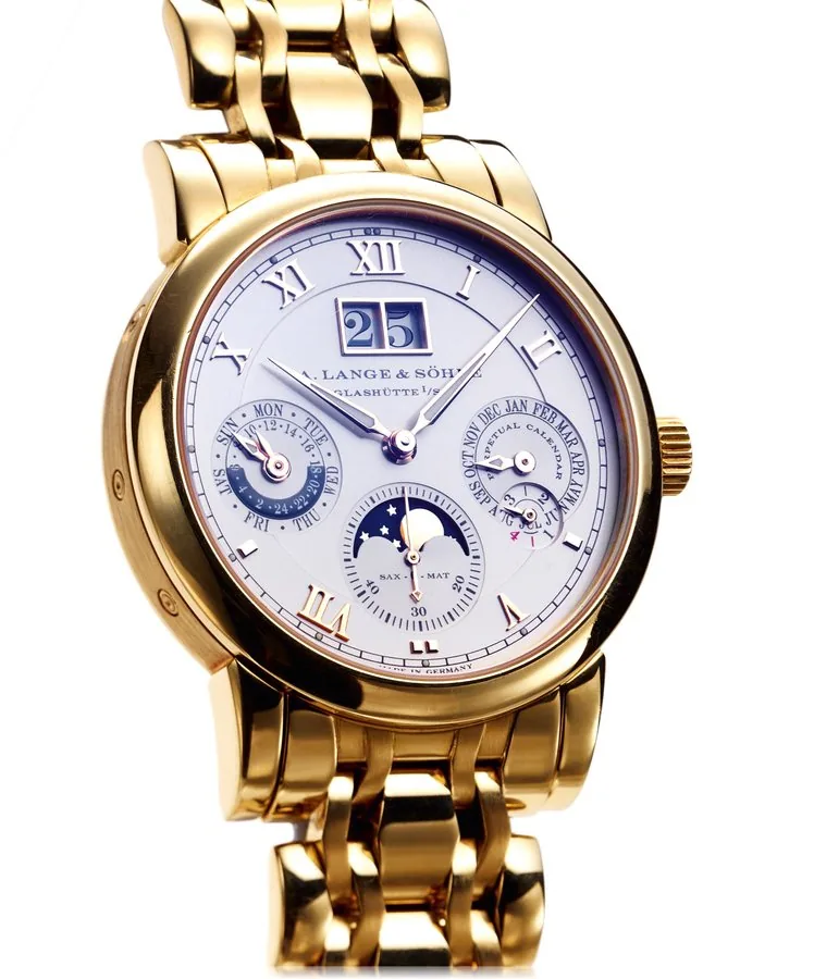 A. LANGE LANGEMATIC PERPETUAL CALENDAR YELLOW GOLD A. Lange & Söhne, Glashütte i./Sa., Langematik Perpetual, No. 45498, case No. 146882. Production of this reference started in 2001. Very fine and rare, self-winding, water-resistant, 18K yellow gold wristwatch with perpetual calendar, leap year indication, oversized date, 24-hour indication, moon phases and an 18K yellow gold Lange bracelet with concealed double deployant clasp.