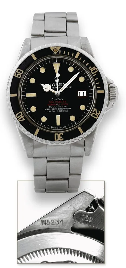 Double-Red Tropical Dial Retailed by Cartier Sea-Dweller Submariner Mark II Rolex, "Oyster Perpetual Date, Sea- Dweller, Submariner 2000, 2000 ft./610 m., Superlative Chronometer, Officially Certified," Ref. 1665. Made in 1967. Fine and very rare, center seconds, self-winding, water-resistant, stainless steel diver's wristwatch with double red Sea-Dweller logo, helium escape valve, date and a stainless steel Rolex Oyster Fliplock bracelet.