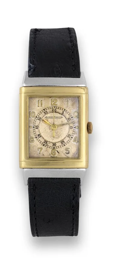 Jaeger-LeCoultre Stainless Steel and Yellow Gold Reverso Jaeger-LeCoultre, 'Reverso', case No. 53443. Made in the 1940s. Fine and rare, rectangular, center seconds, 18K yellow gold and stainless steel reversible wristwatch with a stainless steel Jaeger LeCoultre deployant clasp.