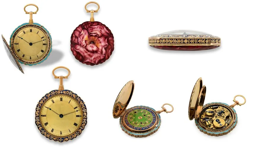 THE MAGNIFICENT CHINESE PEONY FLOWER GRANDE SONNERIE CLOCKWATCH WITH TRIP REPEATING Swiss, Geneva. Made circa 1820. Magnificent and exceptionally rare, very large, three-train, 18K gold, painted and champlevé enamel, pearl-set, 'quarters first' Grande Sonnerie striking clockwatch with trip quarter-repeating.