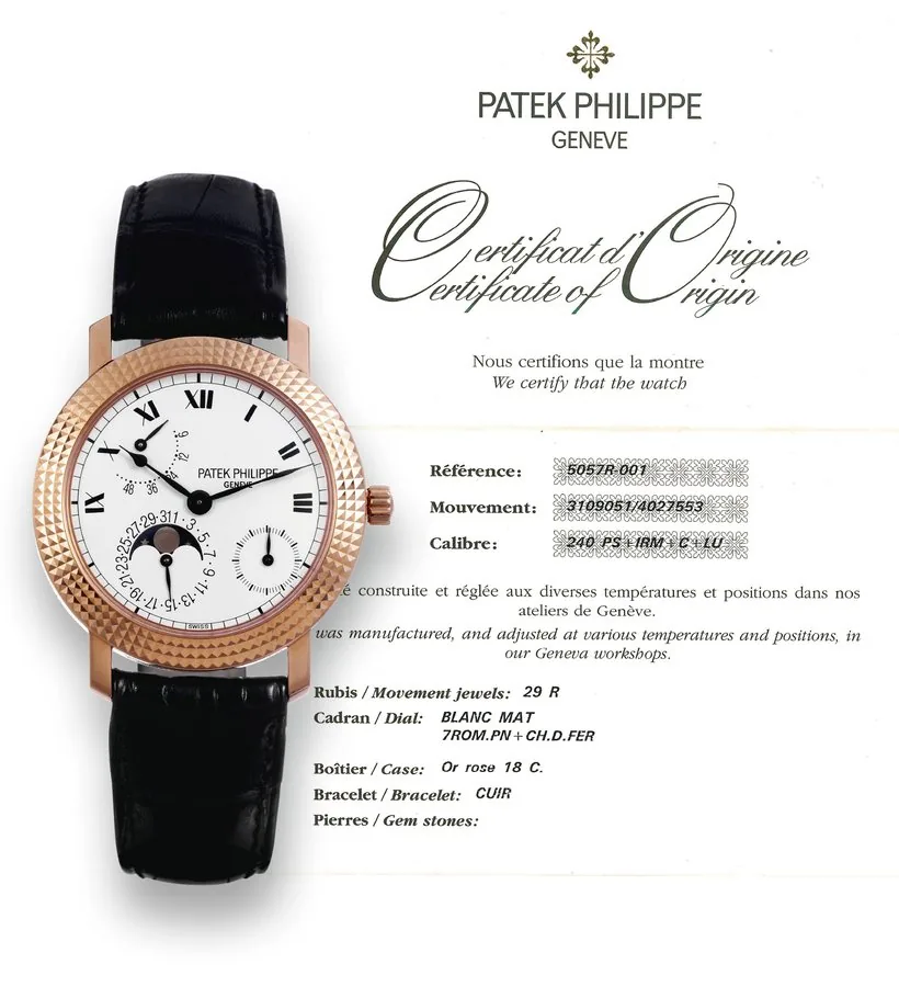 Cortina Jubilee Patek Philippe, Genève, "Cortina Jubilee", movement No. 3109051, case No. 4027553, Ref. 5057 R. Made in a limited edition of 100 examples in 18K pink gold in the late 1990's to commemorate Patek Philippe's collaboration with Cortina, Singapore's most prestigious jewelry store. Very fine and rare, astronomic, self-winding, 18K pink gold wristwatch with power-reserve, date, moon phases and an 18K pink gold Patek Philippe deployant clasp. Accompanied by a fitted box and certificate.