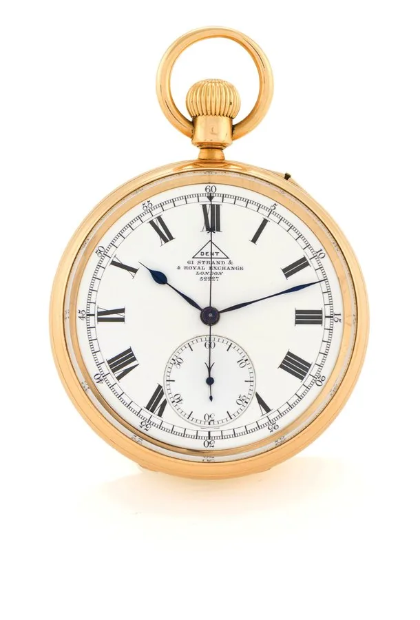 DENT GOLD CHRONOGRAPH Dent, Watchmaker to The King, 61 Strand & 4 Royal Exchange, London, No. 52227, the movement supplied by Nicole Nielsen. The case with London hallmarks for 1901. Very fine, 18K gold, keyless pocket watch with chronograph.