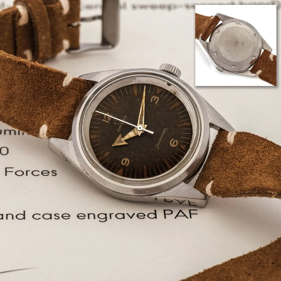 OMEGA RAILMASTER REF. CK 2914 TROPICAL DIAL PAKISTAN AIR FORCE Omega, Seamaster, Railmaster, No. 17527180, Ref. CK2914. Delivered to the Pakistan Air Force on July 21st, 1960. Fine and very rare, anti-magnetic, center seconds, water-resistant, stainless steel wristwatch. Accompanied by an Omega extract from the archives.