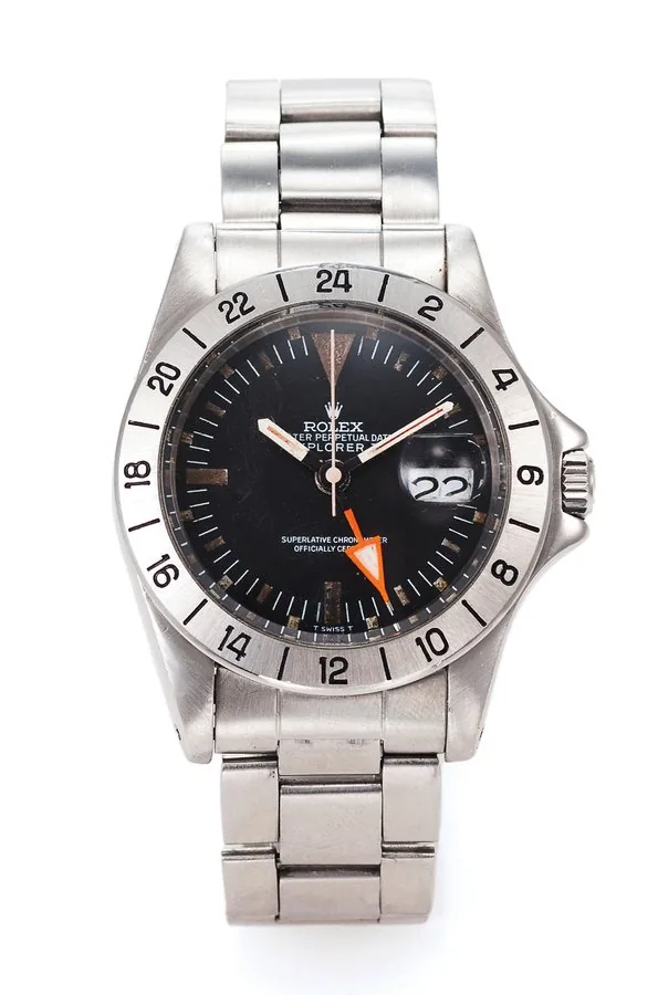 ROLEX REF 1655 EXPLORER II STEVE MCQUEEN STRAIGHT HAND STEEL Rolex, "Oyster Perpetual Date, Explorer II, Superlative Chronometer, Officially Certified", case No. 3097647, Ref. 1655. Made circa 1972. Very fine and rare, center seconds, self-winding, water resistant, stainless steel wristwatch with date, special 24-hour bezel, large faded orange arrow 24-hour hand and a stainless steel Rolex bracelet.