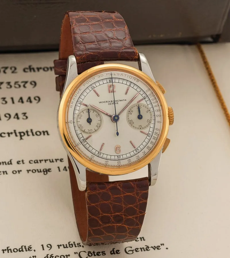 VACHERON & CONSTANTIN REF. 4072 CHRONOGRAPH STEEL AND PINK GOLD Vacheron & Constantin, Genève, No. 431449, case No. 273579, Ref. 4072. Made in 1943. Very fine and rare, stainless steel and 14K pink gold wristwatch with square button chronograph with an AW white gold buckle. Accompanied by a Vacheron fitted box and certificate of authenticity.