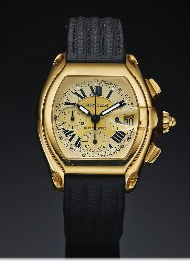 CARTIER REF. 2619 ROADSTER AUTOMATIC CHRONO YELLOW GOLD Cartier, "Roadster Chronograph, Automatic," case No. 1088510 LX, Ref. 2619. Made in the 2000s. Fine, large, tonneau-shaped, curved, self-winding, water resistant to 100 m, 18K yellow gold wristwatch with square button chronograph, registers, date, tachometer and an 18K yellow gold Cartier deployant clasp.