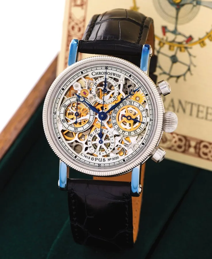 CHRONOSWISS STAINLESS STEEL SKELETONIZED OPUS CHRONOGRAPH Chronoswiss, "Opus", Chronograph No. 3020, Ref. CH 7523 S. Made circa 2006. Very fine, skeletonized, self-winding, water-resistant, stainless steel wristwatch with round button chronograph, registers, date and stainless steel Chronoswiss buckle. Accompanied by a Chronoswiss fitted box, hang-tags, guarantee and instructions.