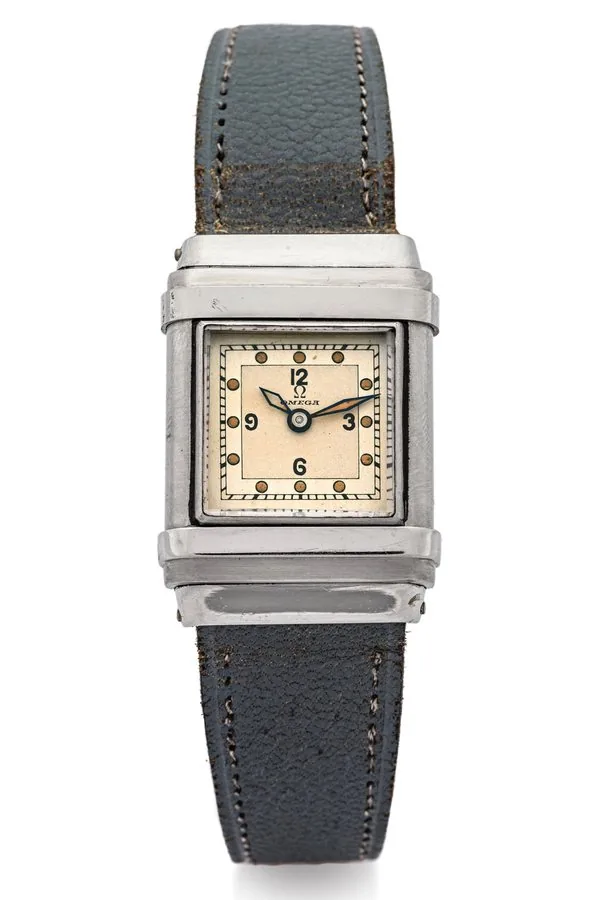 OMEGA MARINE STEEL Omega, case No. 8865980. Made in the 1930's. Fine and unusual, rectangular, water-resistant, stainless steel Staybrite wristwatch with a special slide-out feature to secure the case to be water-resistant (Swiss Pat. No. 146310).
