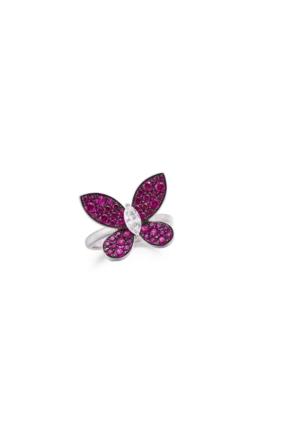 GRAFF BUTTERFLY 18K WHITE GOLD 268 RUBY AND DIAMOND PAVE RING