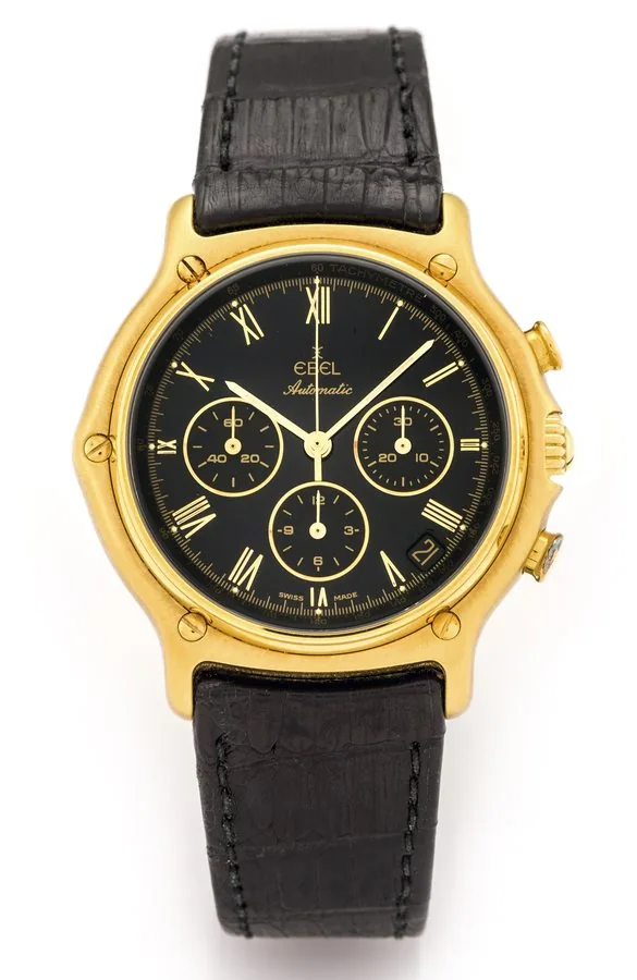 LE MODULOR EBEL AUTOMATIC CHRONOGRAPH YELLOW GOLD "Le Modulor", Ref. 8134901. Produced in the 1990s. Fine, self-winding, water-resistant, 18K yellow gold gentleman's wrist-watch with round button chronograph, registers, date and an 18K yellow gold Ebel clasp.