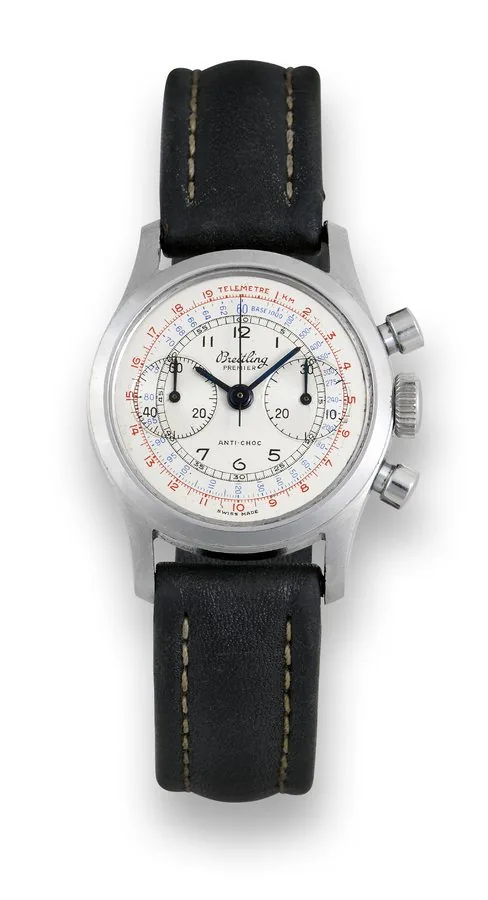 Breitling, 'Premier, Antishoc', case No. 573492, Ref. 753. Made in the 1960s. Fine and rare, small, water resistant, antimagnetic, stainless steel wristwatch, round button chronograph, register, telemeter, tachometer and a stainless steel Breitling buckle. To be sold without reserve