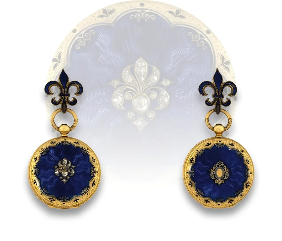 PATEK PHILIPPE FOR SHREVE, STANWOOD & CO. Patek Philippe & Co., Genève, No. 31207. Made for Shreve, Stanwood & Co., circa 1850. Very fine and elegant, 18K gold and diamond huntingcased enamel watch with blue enamel fleur-de-lis brooch.