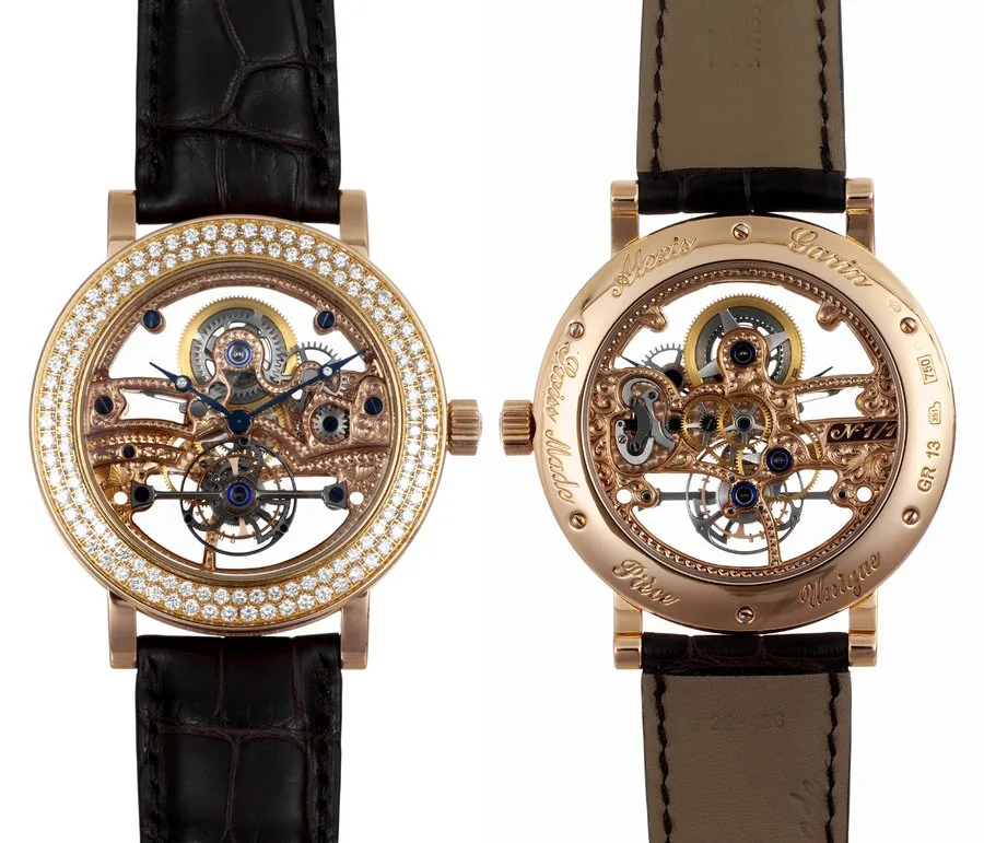 Alexis Garin Tourbillon Squelette Diamonds ' Piece Unique Alexis Garin, No.1/1, "Tourbillon Piece Unique". Made circa 2008. Extremely fine and unique, large, water-resistant, 18K pink gold and diamond-set hand-skeletonized wristwatch with one-minute tourbillon and Alexis Garin 18K pink gold buckle. Accompanied by a box.