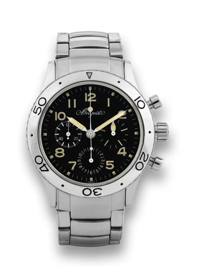 BREGUET REF. 3800, TYPE XX AERONAVALE Breguet, 'Aeronavale Type XX", Automatic, No. 31944, Ref. 3800. Made circa 2000. Fine, water-resistant, stainless steel wristwatch with round button fly-back chronograph, registers and a stainless steel Breguet link bracelet with concealed deployant clasp.
