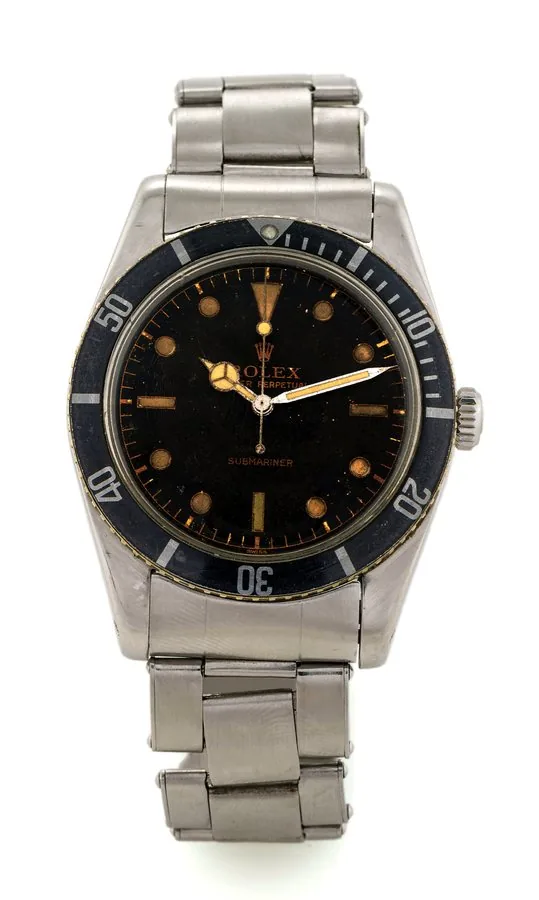ROLEX REF 6536 Rolex, "Oyster Perpetual, Submariner, 100m/ 330ft"case No.230158, Ref. 6536. Made in 1957. Very fine and rare, center seconds, self-winding, water-resistant, stainless steel wristwatch with a stainless steel Rolex Oyster bracelet with deployant clasp.