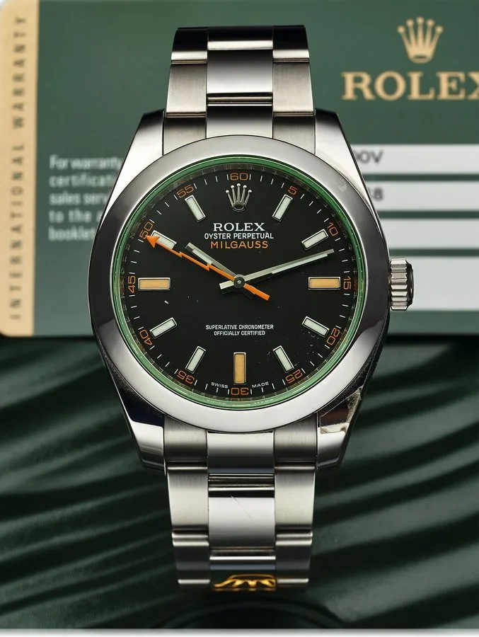 ROLEX REF. 116400V GREEN MILGAUSS STEEL Rolex, Oyster Perpetual Milgauss, Superlative Chronometer Officially Certified, case No. V766988, Ref. 116400V. Made circa 2009, sold December 19th, 2010. Fine and rare, center seconds, self-winding, water-resistant, stainless steel wristwatch, anti-magnetic shield to 1000 Gauss with a green sapphire crystal and a stainless steel Rolex Oyster bracelet Ref. 72400. Accompanied by the original fitted box, warranty (now void), bill of sale, instruction booklet
