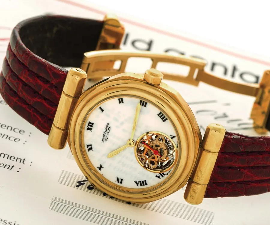 GERALD GENTA YELLOW GOLD TOURBILLON Gérald Genta, Genève, "Tourbillon", No. 020, movement No. 12, case No. 46729, Ref. G 4008.4. Sold on December 21, 1989. Very fine and rare, self-winding, water-resistant, 18K yellow gold wristwatch with visible one-minute tourbillon regulator and a Gérald Genta 18K yellow gold double deployant clasp. Accompanied by the Certificate of Origin.