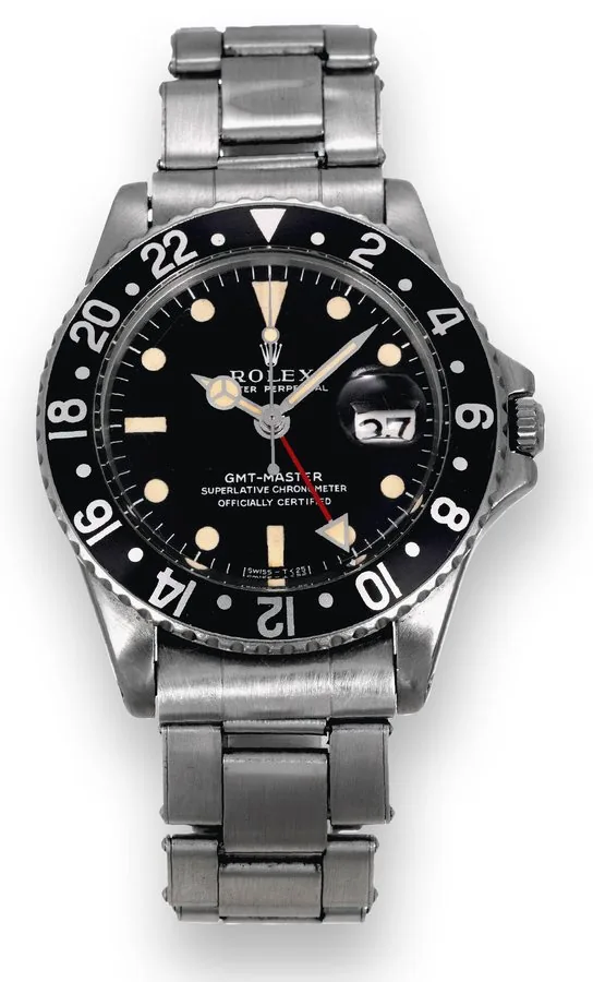 Ref. 1675, GMT-Master Rolex, "Oyster Perpetual, GMT Master, Superlative Chronometer, Officially Certified', case No. 1482406, Ref. 1675. Made in 1970. Fine, two time zone, center seconds, self-winding, water resistant, stainless steel chronometer wristwatch with date, special 24-hour bezel and hand and a stainless steel Rolex Oyster riveted bracelet with deployant clasp.