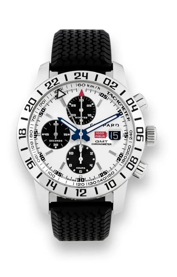 Chopard - Mille Miglia - GMT - Brescia - Rome - Brescia - Classic Car Race Chopard, 'Mille Miglia GMT Chronometer,' No. 1200/2005, case No. 1101659, Ref. 8994. Made in a limited edition of 2005 pieces in 2005 for the Brescia ' Rome ' Brescia classic car race. Fine, two time zone, self-winding, water-resistant, stainless steel chronometer wristwatch with round button chronograph, registers, tachometer, 24-hour bezel for the second time zone, date and a black rubber 'tire-tread' strap with stainle