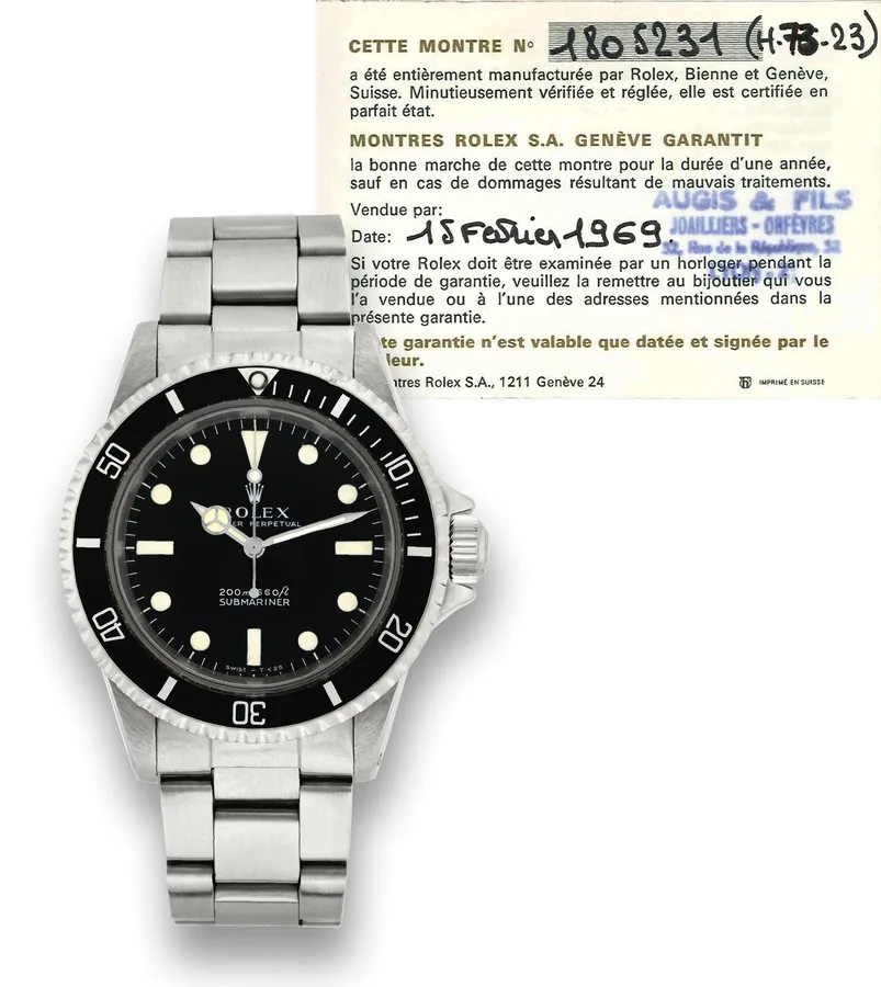 ROLEX, REF. 5513, SUBMARINER METER FIRST Rolex, Oyster Perpetual, Submariner, 200m=660ft, case No. 1805231, Ref. 5513. Sold on February 15th, 1969. Fine, center seconds, self-winding, water resistant to 200 m, stainless steel diver's wristwatch with a stainless steel Oyster Bracelet. Accompanied by Guarantee Certificate (now void). Property of The Original Owner