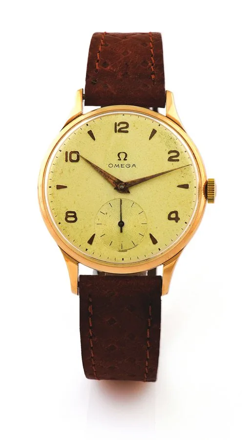 Omega Pink Gold Omega, movement No. 11762754. Made in 1947. Fine, 18K pink gold wristwatch.
