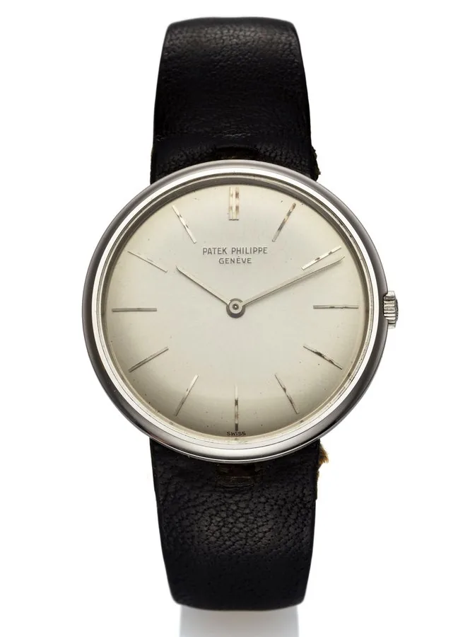 PATEK PHILIPPE REF. 2591 PLATINUM Patek Philippe, Genève, Ref. 2591. Made circa 1958. Fine and rare, platinum wristwatch with a platinum Patek Philippe buckle.