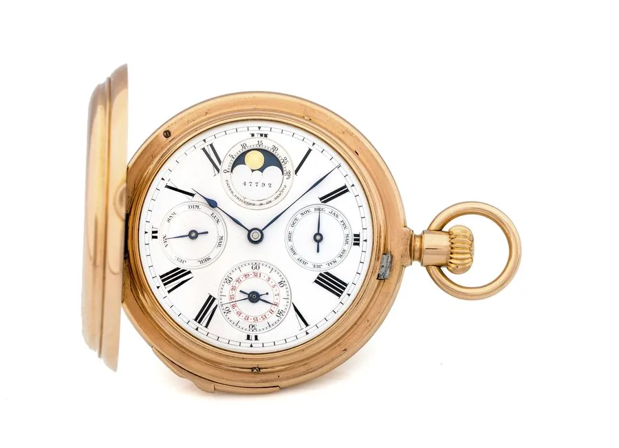 PATEK PHILIPPE POCKET WATCH PERPETUAL CALENDAR MINUTE-REPEATER PINK GOLD Very fine and rare, manual-winding, 18K pink gold hunter case pocket watch with perpetual calendar, minute-repeating and moon phases.