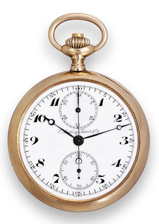 Chronograph Breguet Dial E. Mathey-Tissot & Co., Swiss, No. 52683. Made circa 1915. Very fine, keyless, 14K pink gold pocket watch with chronograph and instantaneous 30-minute register. To be sold without reserve