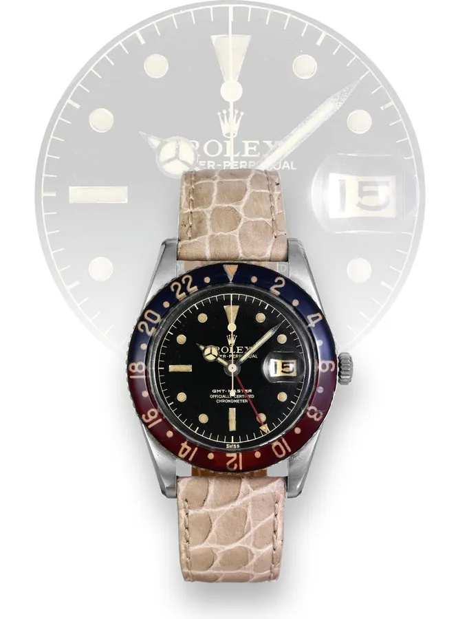Ref. 6542, GMT-Master, Perspex Bezel Rolex, "Oyster Perpetual, GMT-Master, Superlative Chronometer, Officially Certified," case No. 426646, Ref. 6542. Made in 1958. Fine and rare, two time zone, center seconds, self-winding, water resistant, stainless steel wristwatch with date, special 24-hour perspex bezel and hand. To be sold without reserve