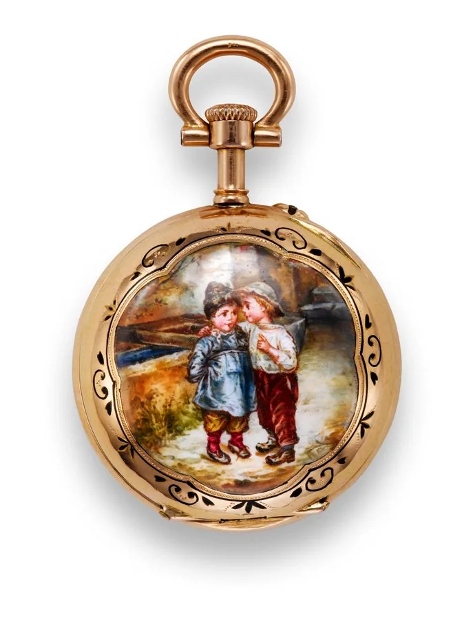 Swiss, No. 23431. Made circa 1890. Fine, keyless 18K yellow gold and enamel open face pocket watch.