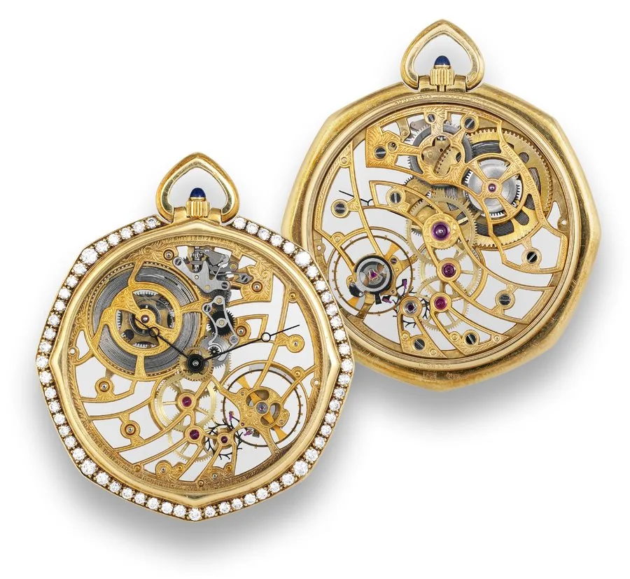 Audemars Piguet Diamond Skeleton Dress Watch Audemars Piguet, Genève, No. 214711, case No. B 38172. Made circa 1980. Very fine, elegant and thin, 18K yellow gold, diamond-set, skeletonized, keyless octagonal dress watch.