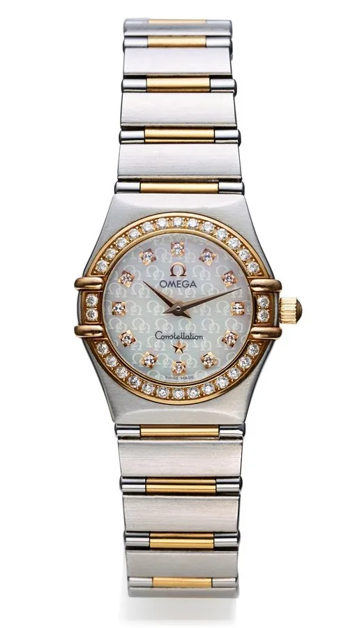 OMEGA CONSTELLATION DIAMOND STEEL AND GOLD Omega, "Constellation", No. 90021936. Made in the 2000s. Fine and elegant, gold, stainless steel and diamond-set lady's quartz wristwatch with an integral gold and stainless steel Omega bracelet with concealed deployant clasp.