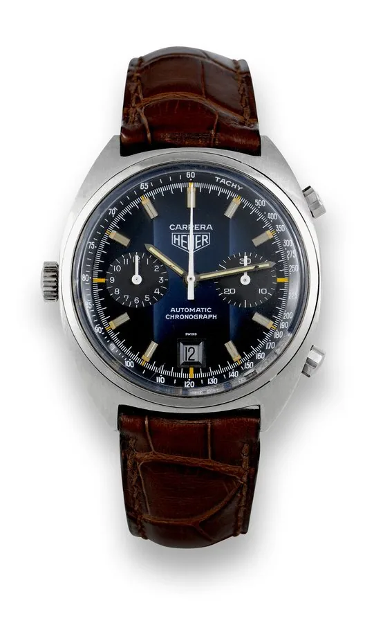 Heuer Carrera Heuer, "Carrera, Automatic Chronograph, No. 370743, Ref. 110.253. Made in the 1970s. Fine, self-winding, water-resistant, tonneau-shaped, stainless steel left-handed wristwatch with round button chronograph, registers, tachometer, date and a stainless steel Heuer buckle.