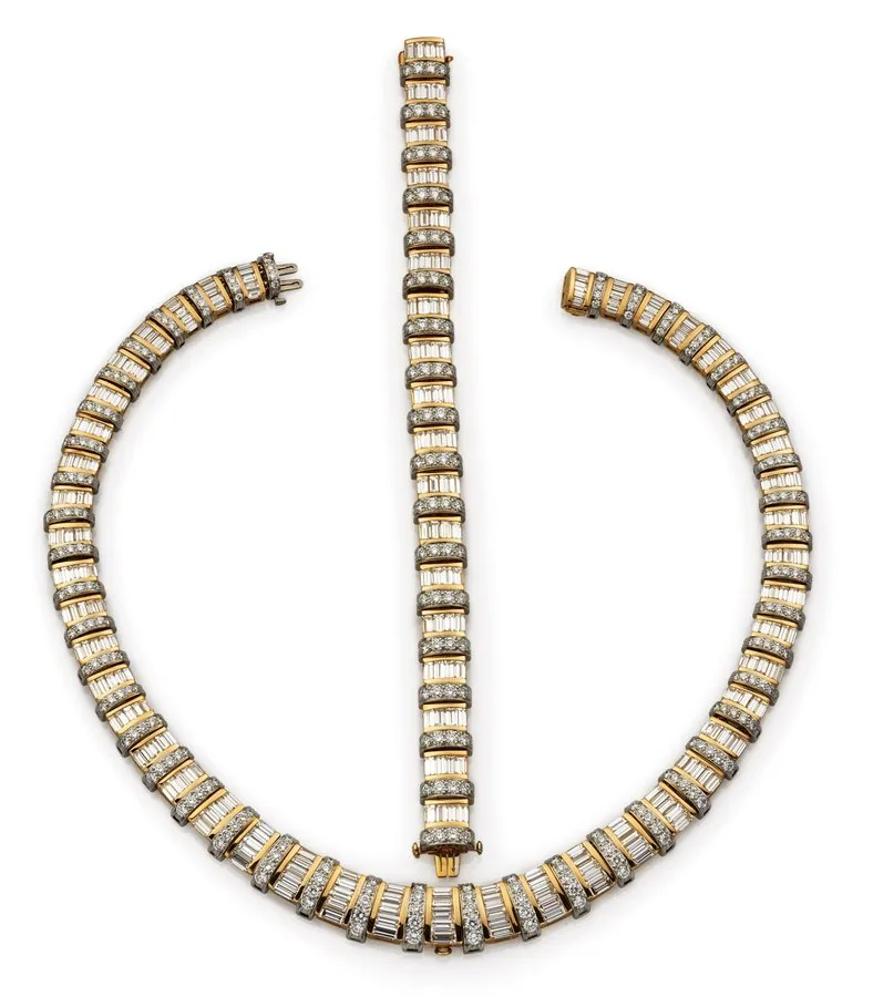GRAFF DIAMOND CHOKER NECKLACE PLATINUM & YELLOW GOLD Graff, platinum & yellow gold and diamond choker necklace, featuring high quality round brilliant-cut and baguette diamonds, mounted within graduated platinum and yellow gold sections. Approx. overall length 38 cm. GRAFF DIAMOND BRACELET PLATINUM & YELLOW GOLD Graff, platinum & yellow gold and diamond bracelet, featuring high quality round brilliant-cut and baguette diamonds, mounted within platinum and yellow gold sections. Approx. overall le