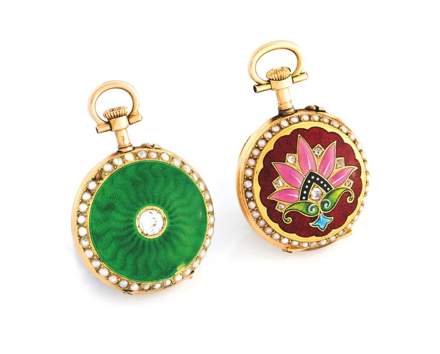 TWO GOLD, ENAMEL, DIAMOND & PEARL PENDANT WATCHES LeCoultre & Cie & swiss, case no. 54057 & 12961. Made circa 1890. two fine, 18K gold, enamel, diamond and pearl-set lady's keyless pendant watches.