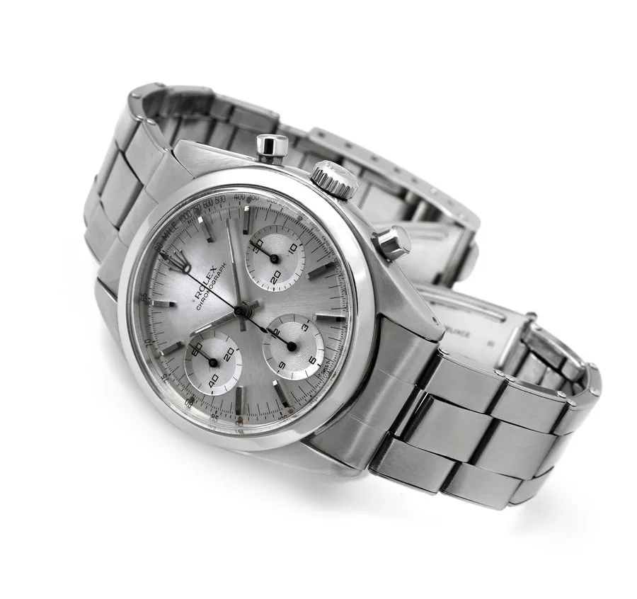 ROLEX REF. 6238 PRE-DAYTONA Rolex, "Oyster, Chronograph", case No.1007749, Ref. 6238. Made in 1964. Fine and rare, water-resistant, stainless steel wristwatch with round button chronograph, registers and a stainless steel Rolex Oyster expanding bracelet and deployant clasp.