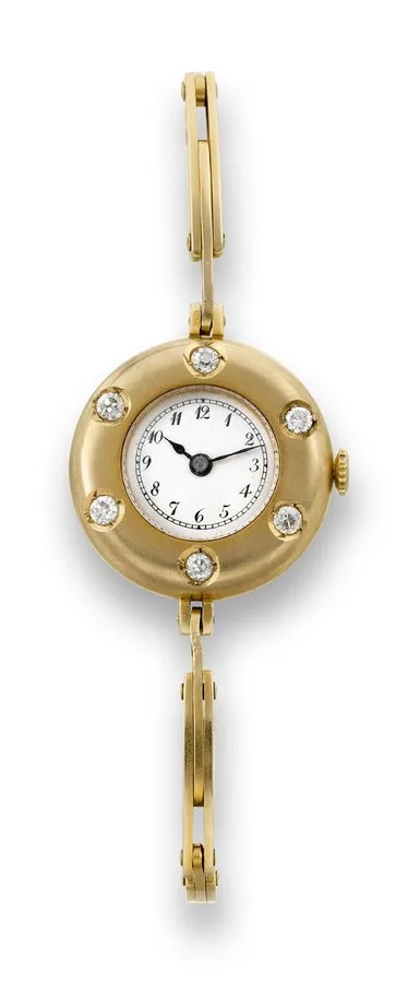 Movado Watch Co., diamond-set lady's Movado Watch Co., No. 764086. Made circa 1910. Fine 14K yellow gold and diamond-set lady's wristwatch with an integral 14K yellow gold expanding bracelet. To be sold without reserve