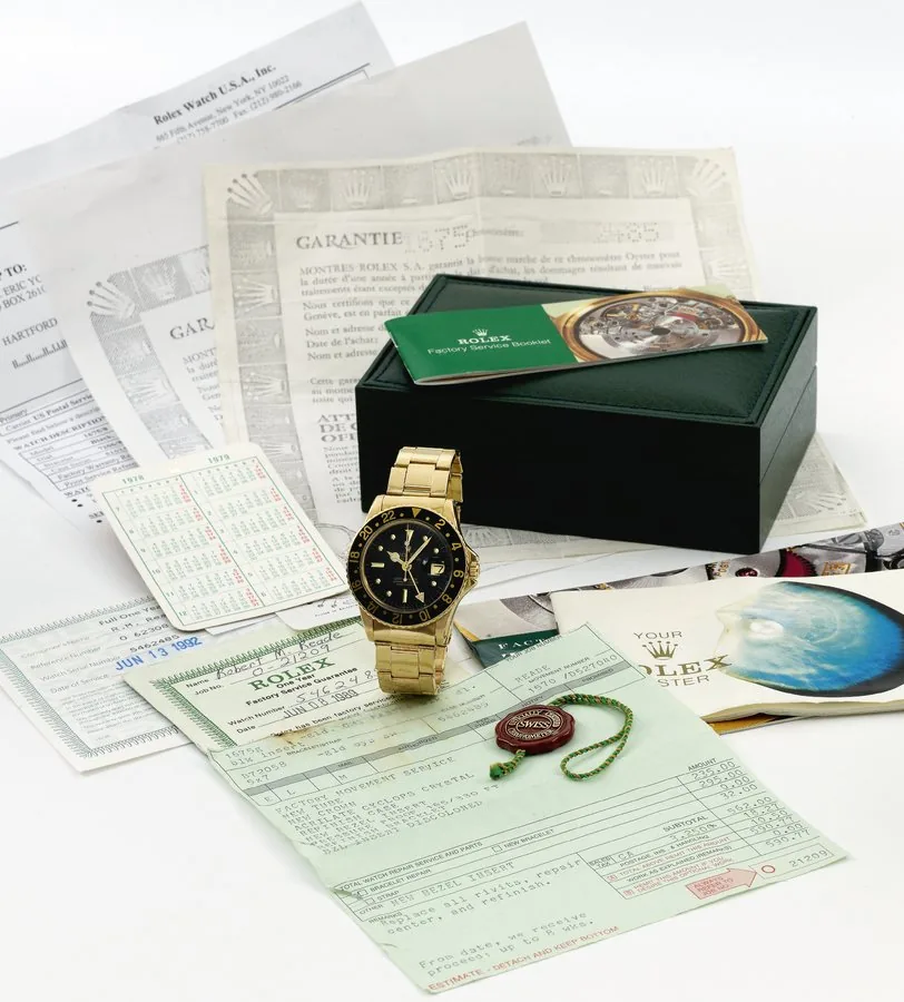 Rolex Ref. 1675 Rolex, 'Oyster Perpetual, GMT-Master, Superlative Chronometer, Officially Certified', case No. 5462485, Ref. 1675. Made in 1979. Fine, two-time zone, center seconds, self-winding, water-resistant, 18K yellow gold wristwatch with date, 24-hour bezel and hand and an 18K yellow gold Rolex Oyster bracelet. Accompanied by a Rolex presentation case, photocopy of the chronometer guarantee, Oyster booklet and Rolex service receipts dated 1989 and 1992.