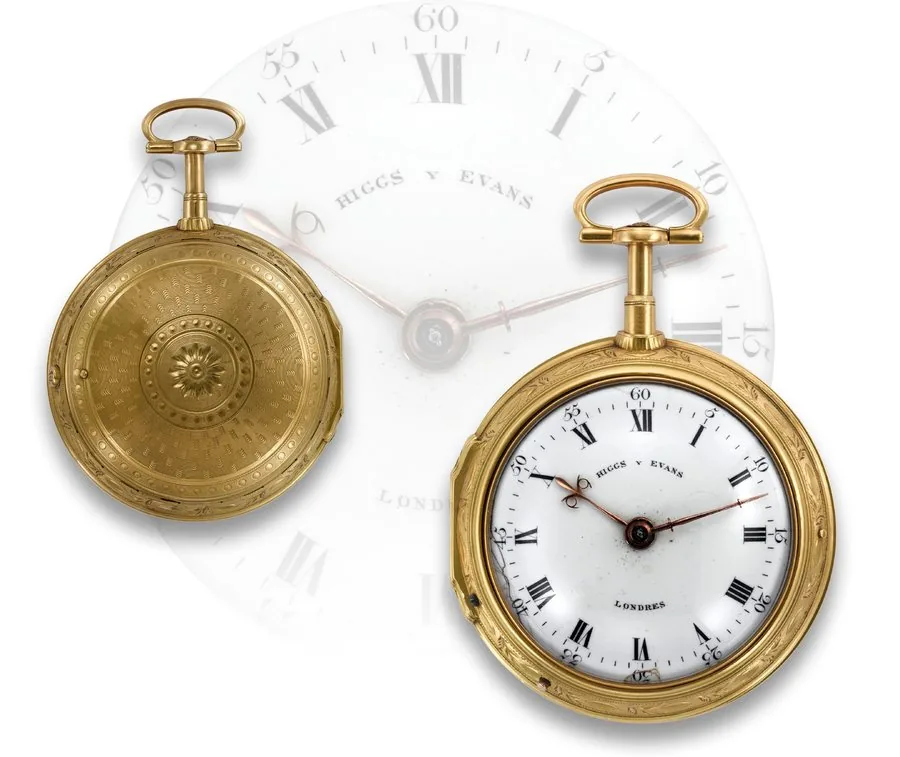 HIGG & EVANS, LONDON GOLD PAIR-CASED QUARTER REPEATING POCKET WATCH Higg & Evans, London, No.23650. Case hallmarked for 1795. Fine and rare, 18k gold pair-case quarter repeating pocket watch chiming on a bell.