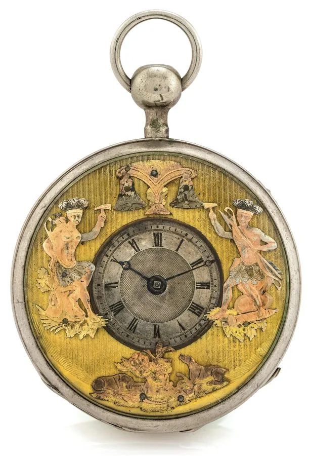 QUARTER-REPEATING L' AMERIQUE AUTOMATON SILVER Swiss. Made circa 1820. Fine, silver, quarter-repeating pocket watch with American Indian automaton Jacks.