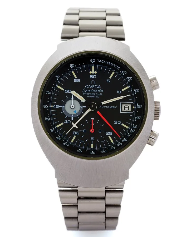 OMEGA REF. 176.002 SPEEDMASTER MARK III STEEL Omega, "Automatic, Speedmaster Professional, Mark III", No. 35597349, Ref. 176.002. This reference was launched in 1971. Fine, tonneau-shaped, self-winding, water-resistant, stainless steel pilot's wristwatch with date, round button chronograph, 12-hour register, central minute recorder, tachometer, the 24 hours with night/day indication and a stainless steel Omega link bracelet with deployant clasp (Ref. 1162/1/172).