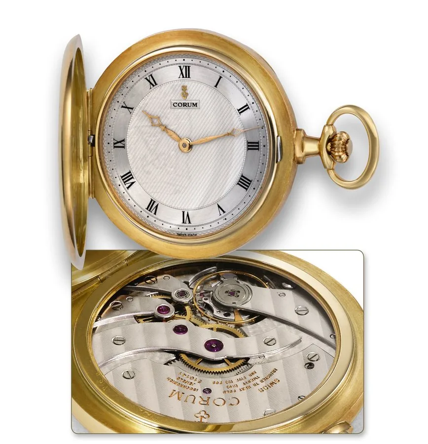 Corum 25th Anniversary Watch Corum, Swiss, No. 83, No. 510141, case No. 527986, Ref. 6812556. Made in a limited edition in 1992. Fine and rare 18K yellow gold hunter-cased pocket watch. Accompanied by its original certificate of warranty, pouch and original fitted box.