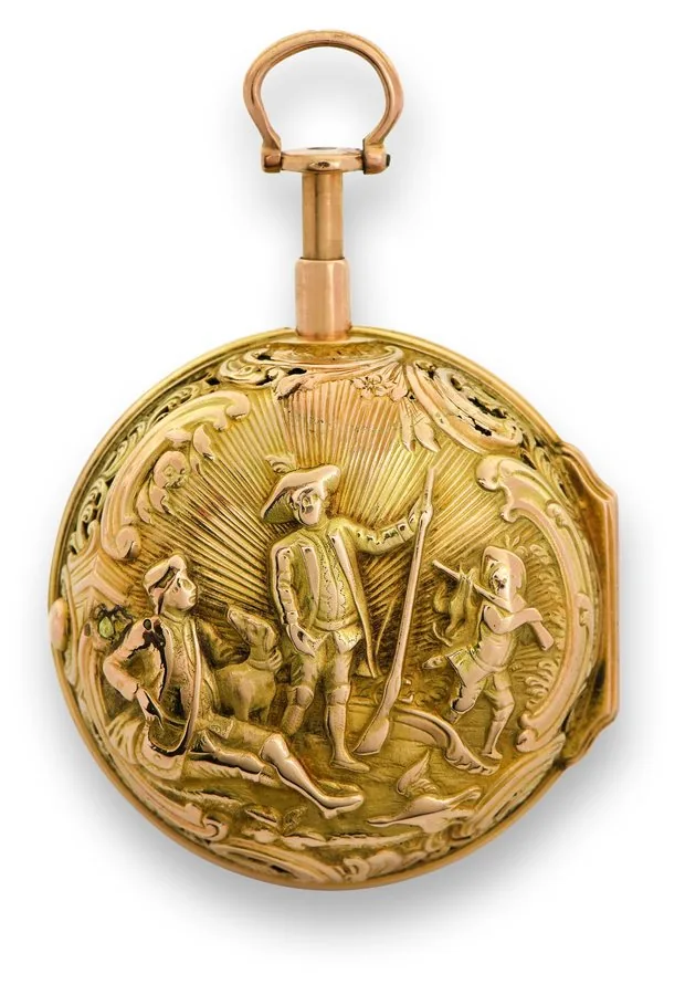 JOSEPH ROSE ' THE HUNTSMAN'S REST Joseph Rose, London. Made circa 1750. Fine and rare, rococo, 20K gold, half-quarter repeating, repoussé pair-cased pocket watch.