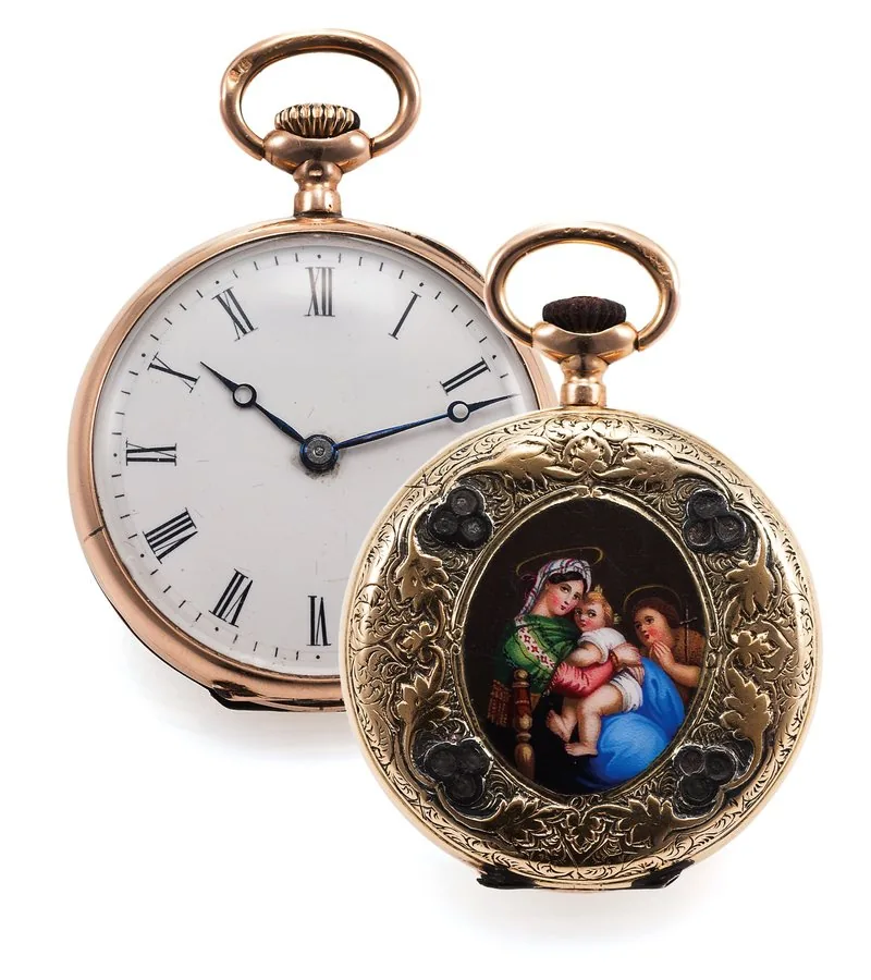 CZAPEK MINIATURE POCKET WATCH ENAMEL AND YELLOW GOLD Czapek, Genève, No. 2019. Made circa 1890s. Fine and rare, open cased, keyless 14K pink gold and enamel pocket watch. Accompanied by box and neckless.