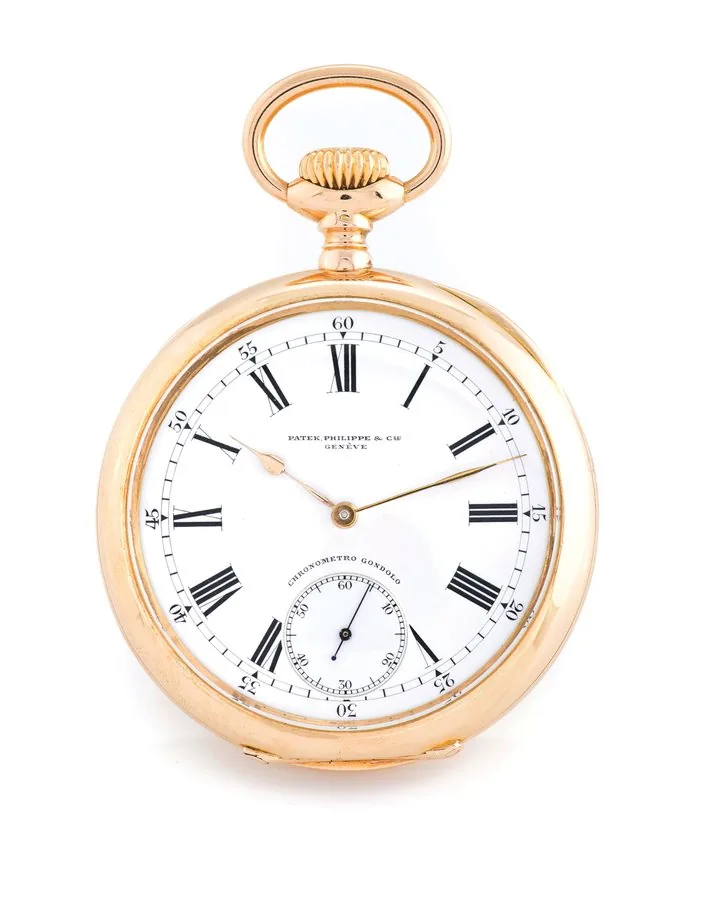 PATEK PHILIPPE CHRONOMETRO GONDOLO Patek, Philippe & Cie., Genève, No. 172583, case No. 276306, made for Gondolo & Labouriau, Relojoeiros, Rio de Janeiro, circa 1915. Very fine, large, 18K yellow gold keyless Chronometro Gondolo pocket watch.