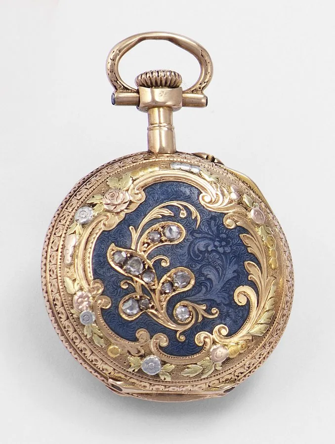 LEPINE MINIATURE PENDANT WATCH Lepine, Paris, No. 27761. Made circa 1890. Fine keyless, 18K yellow and pink gold, enamel open face pocket watch.